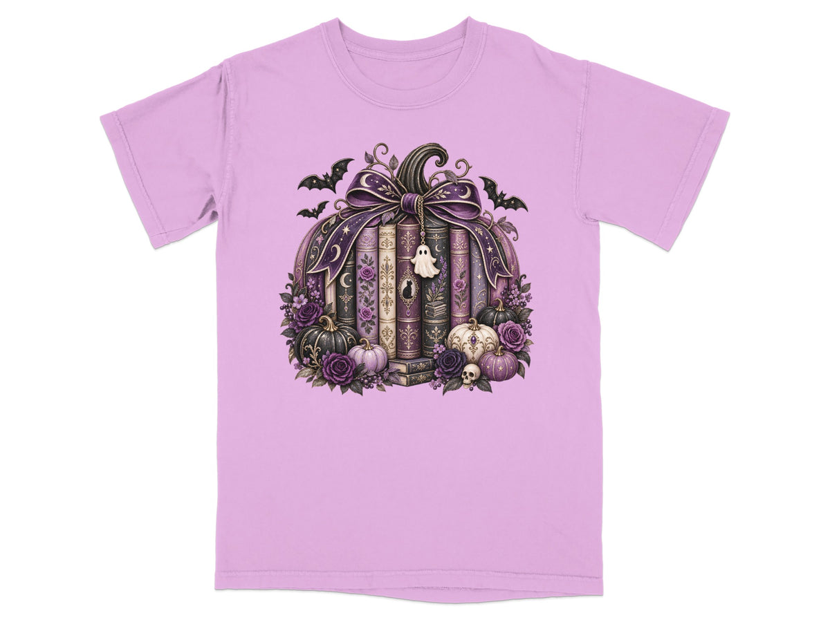 Purple t-shirt with a gothic pumpkin design featuring books, bats, and flowers.