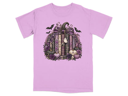 Purple t-shirt with a gothic pumpkin design featuring books, bats, and flowers.