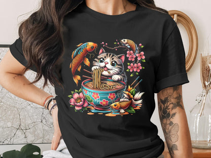 Cute Cat Eating Ramen T Shirt, Koi Fish Shirt, Anime Manga Style Tee, Asian Food Lover Gift, Funny Kitten Noodle Graphic Shirt, Kawaii Style