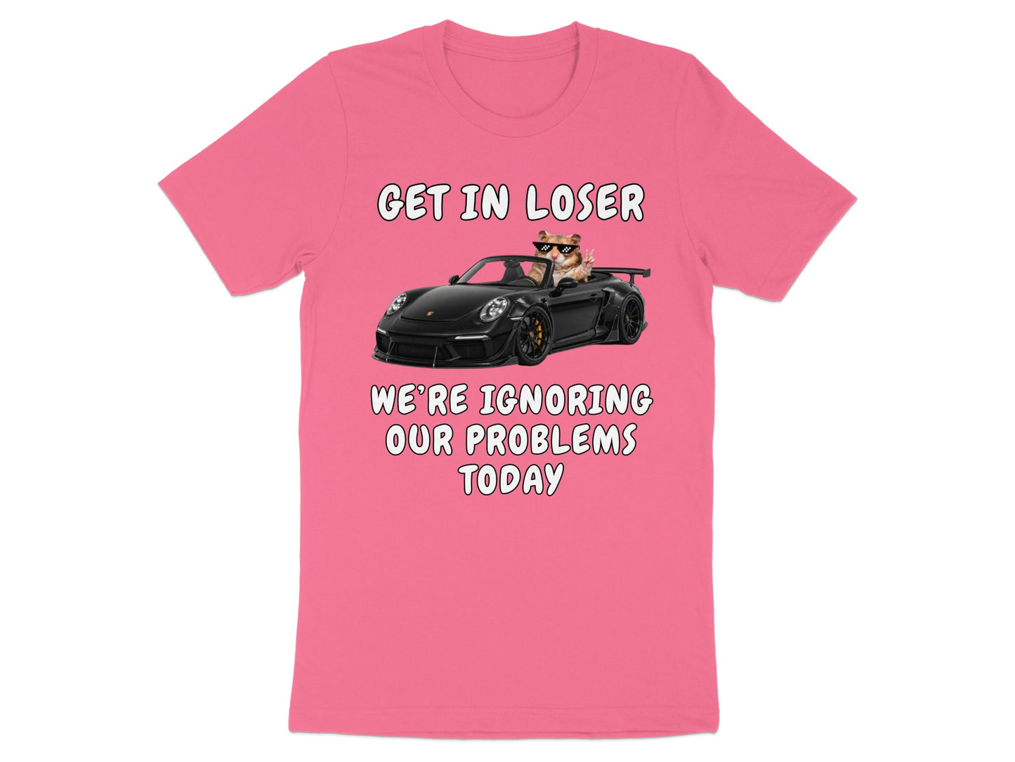 Pink t-shirt with a hamster in sunglasses driving a black convertible with text.