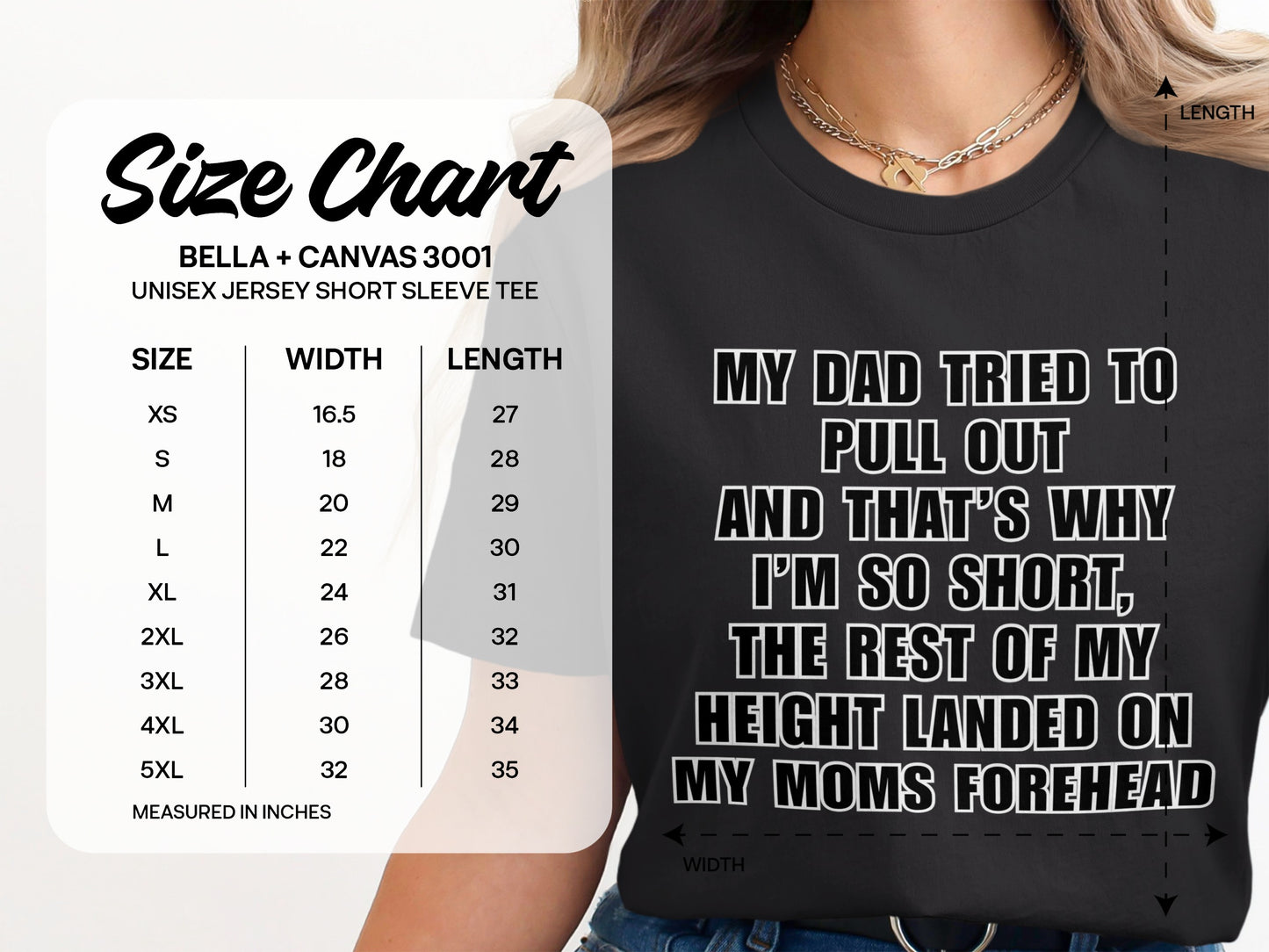 Unisex size chart for a Bella + Canvas 3001 short sleeve tee.