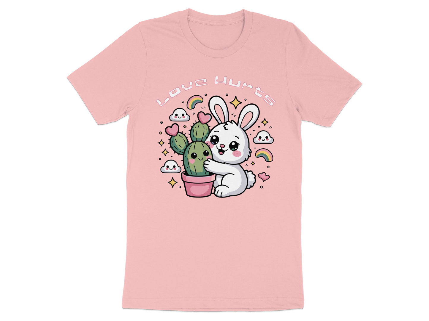 White rabbit hugging a cactus with "Love Hurts" text above.