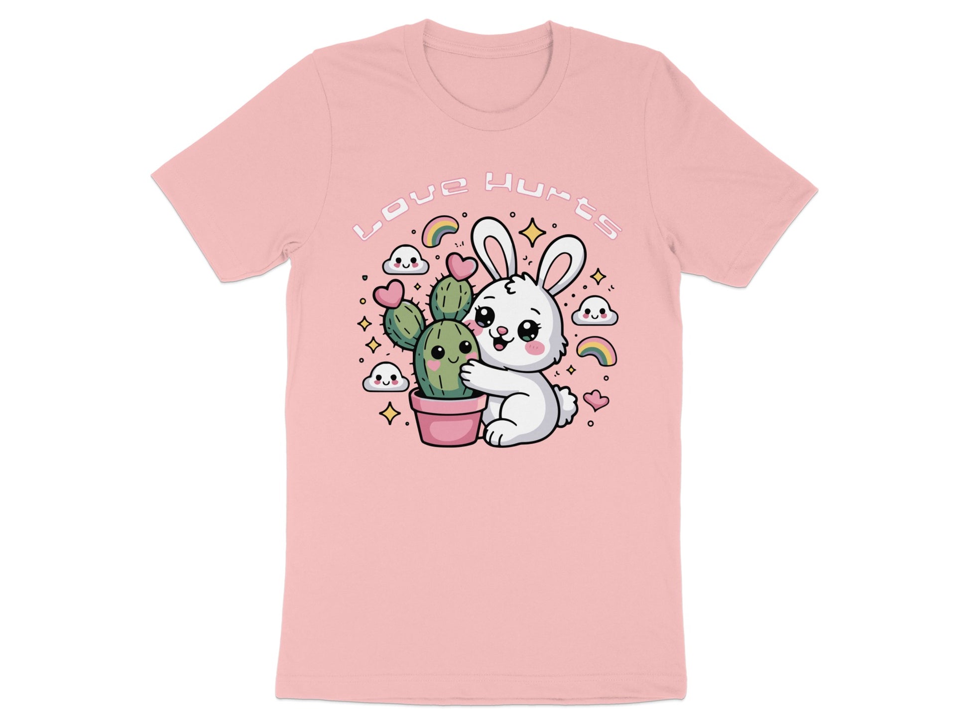 White rabbit hugging a cactus with "Love Hurts" text above.