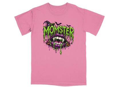 Pink t-shirt with "MOMSTER" text, dripping slime, vampire lips, witch hat, and pumpkins.