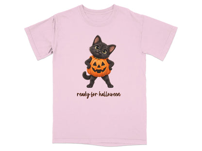 Black cat in pumpkin costume with "ready for halloween" text on pink t-shirt.