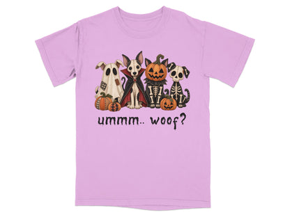 Four dogs in Halloween costumes: ghost, vampire, skeleton, and pumpkin, with text "ummm.. woof?".
