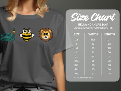 Bella + Canvas 3001 unisex t-shirt size chart with graphic of hose, bee, and lion.
