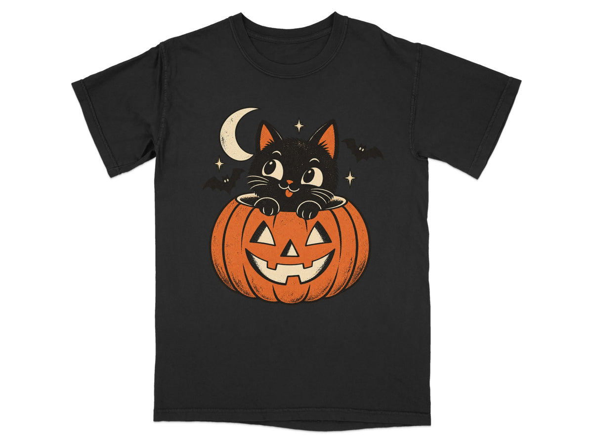 Black t-shirt with a black cat peeking out of a carved jack-o'-lantern.
