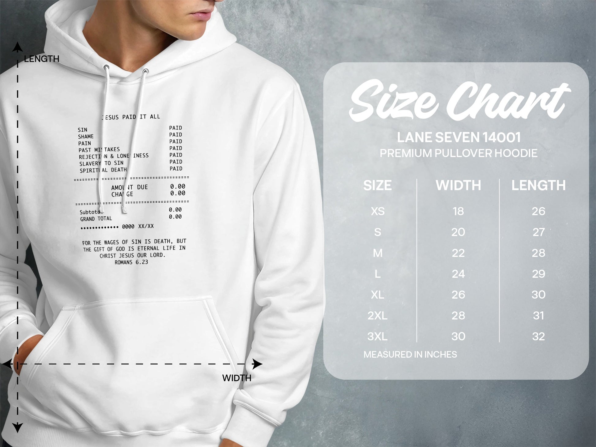 White hoodie with "Jesus Paid It All" receipt print and size chart.
