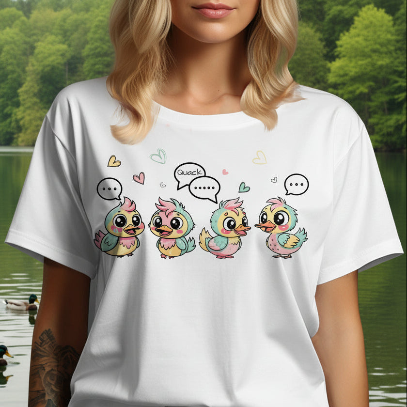 Four pastel cartoon ducks with speech bubbles and hearts above them.