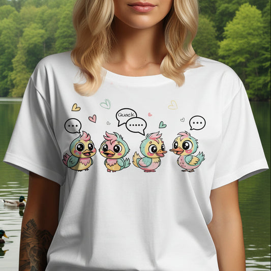 Four pastel cartoon ducks with speech bubbles and hearts above them.