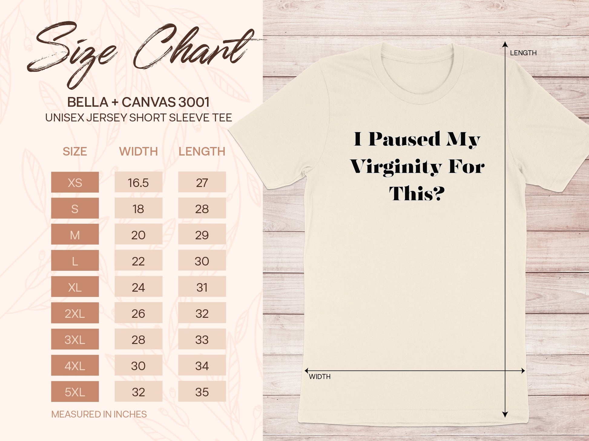 Size chart for Bella + Canvas 3001 unisex t-shirt with printed text.