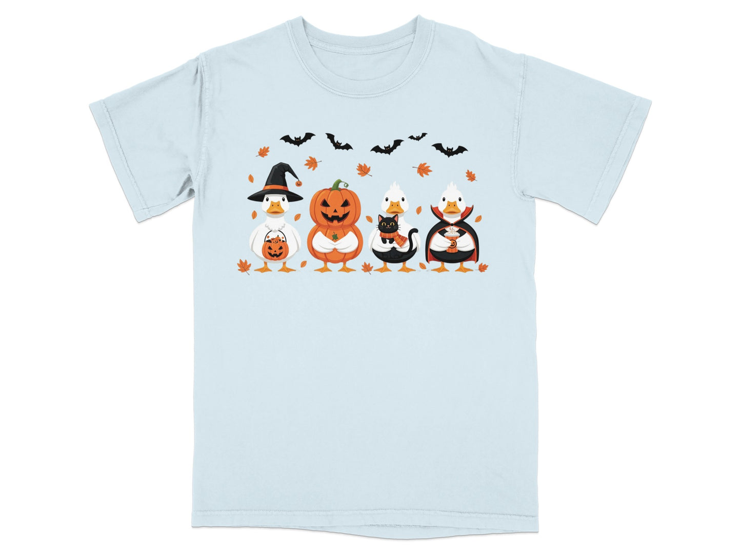 Four ducks in Halloween costumes: witch, pumpkin, black cat, and vampire.