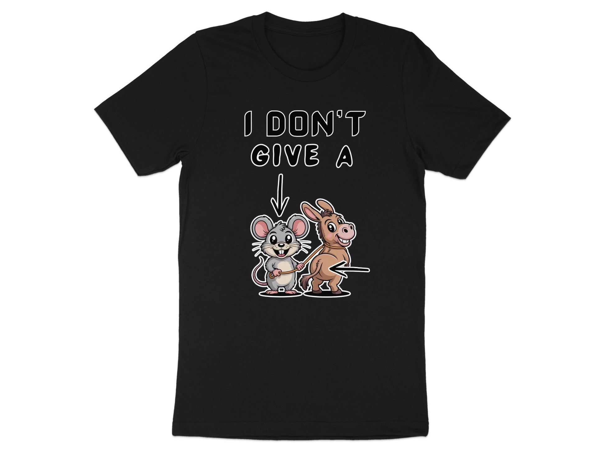 Black t-shirt with cartoon mouse and donkey illustration and text "I DON'T GIVE A".