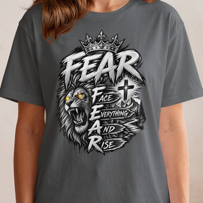 Lion with crown and text "Fear Face Everything And Rise", cross, and mountains.