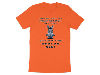 Orange t-shirt with cartoon donkey and text about a nice backside.