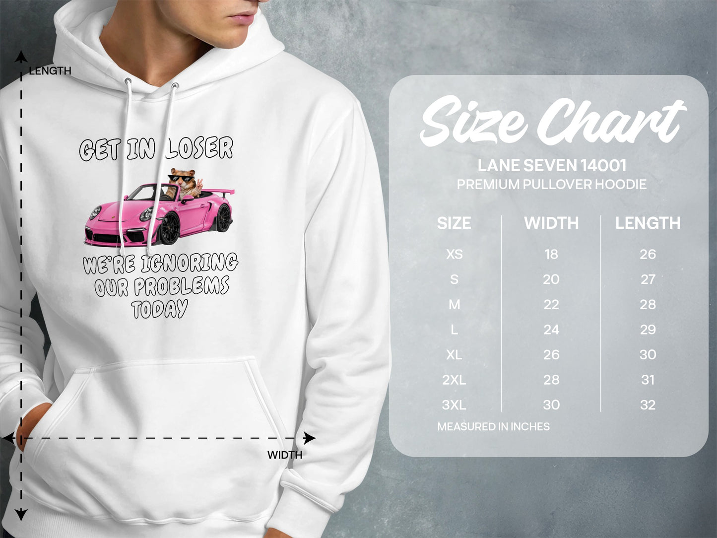 White hoodie with "Get in Loser" text, hamster in pink car, and size chart.