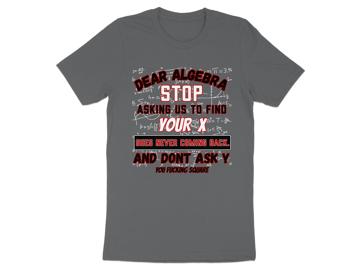 Grey t-shirt with "Dear Algebra, Stop asking us to find your x" text and math formulas.