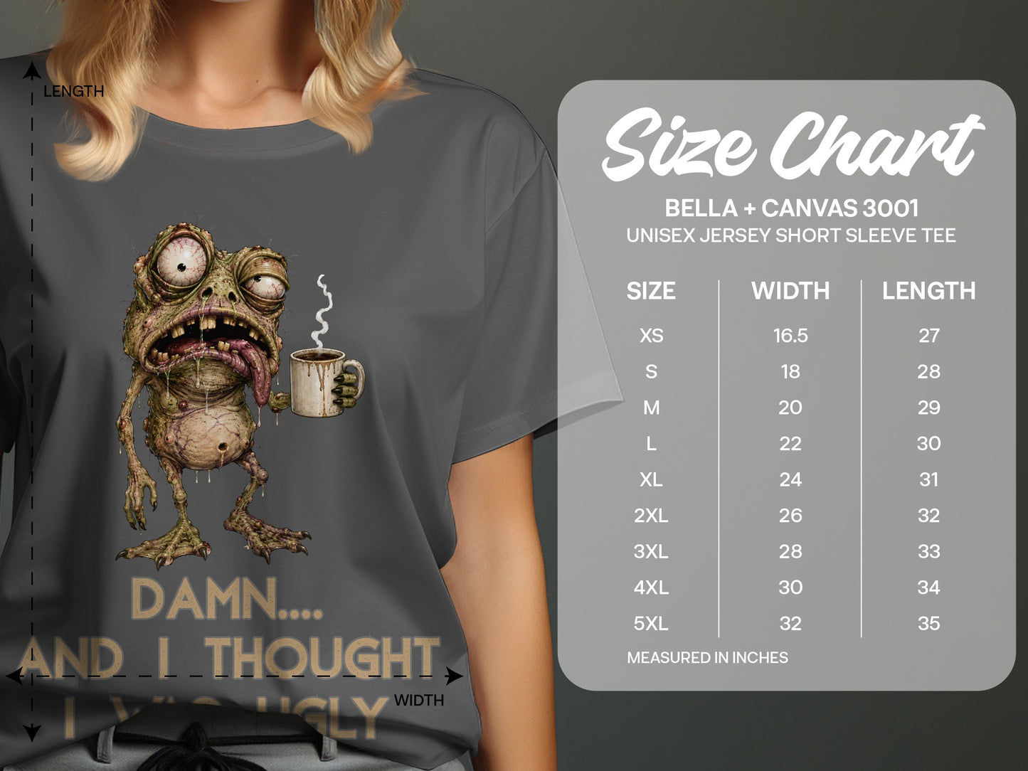 T-shirt with a graphic of a grotesque frog holding a coffee mug and text "Damn... And I Thought I Was Ugly".