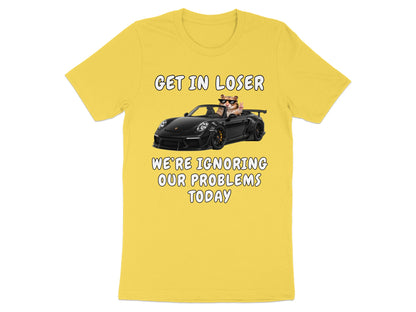 Yellow t-shirt with a hamster in sunglasses driving a black convertible and text.