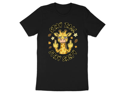 Black t-shirt with cartoon giraffe giving middle fingers and text "STAY TALL STAY SALTY".
