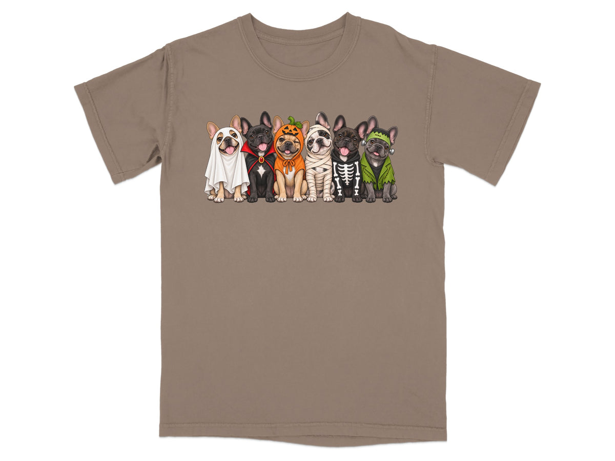Six French bulldogs in Halloween costumes on a taupe t-shirt.