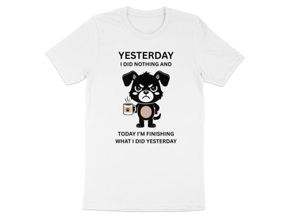 Black and white t-shirt with grumpy dog illustration and text.