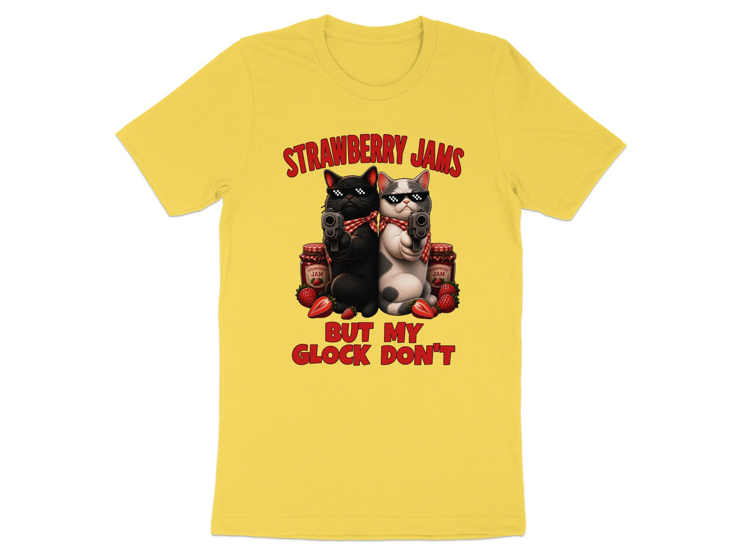 Yellow t-shirt with two cats holding guns, strawberry jam jars, and text.