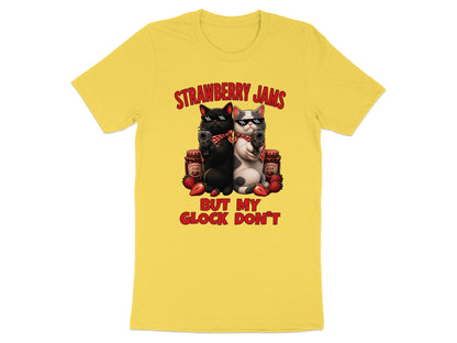 Yellow t-shirt with two cats holding guns, strawberry jam jars, and text.