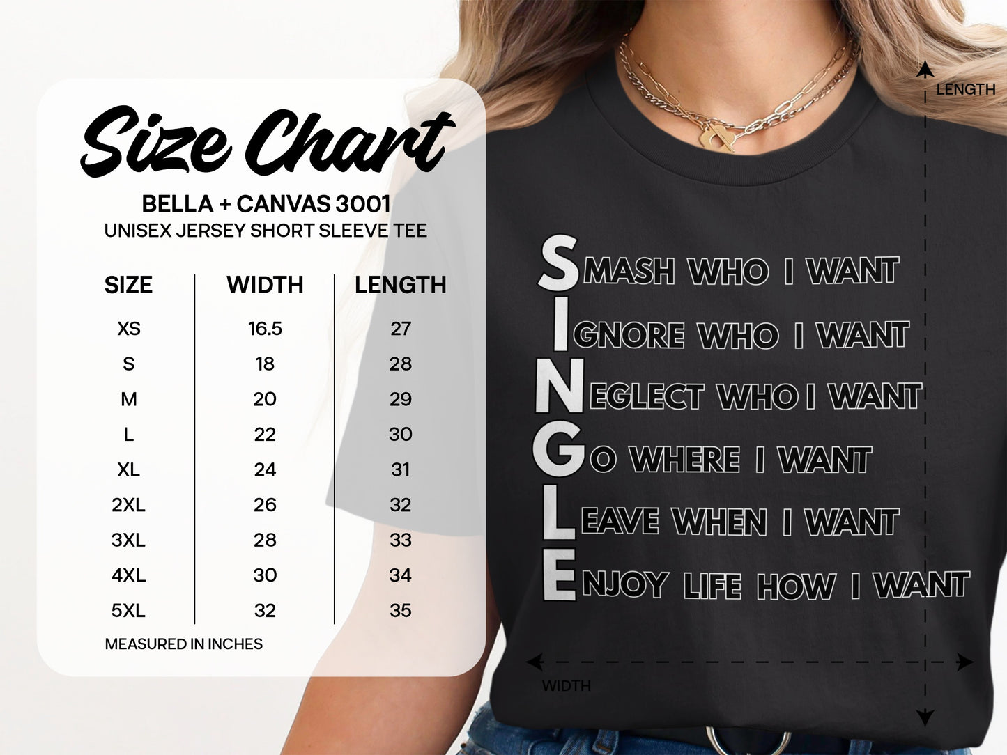 Bella+Canvas 3001 Size Chart for Unisex Short Sleeve Tee with "SINGLE" graphic on black shirt.