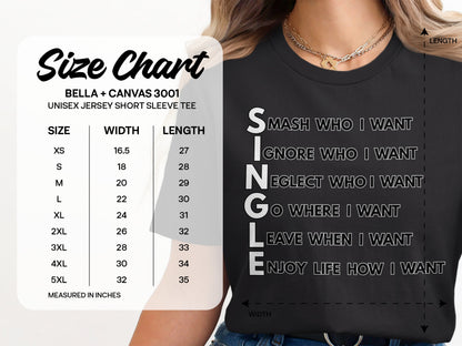 Bella+Canvas 3001 Size Chart for Unisex Short Sleeve Tee with "SINGLE" graphic on black shirt.