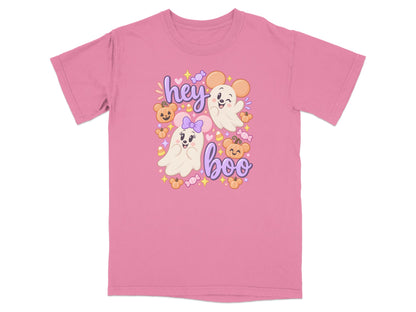 Pink t-shirt with two ghosts, pumpkins, and candy with "hey boo" text.
