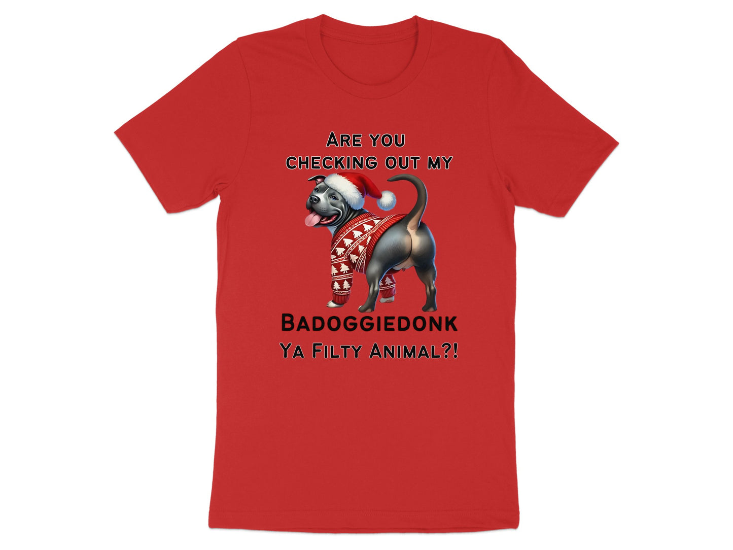 Red t-shirt with a pit bull wearing a Santa hat and festive sweater, with text.