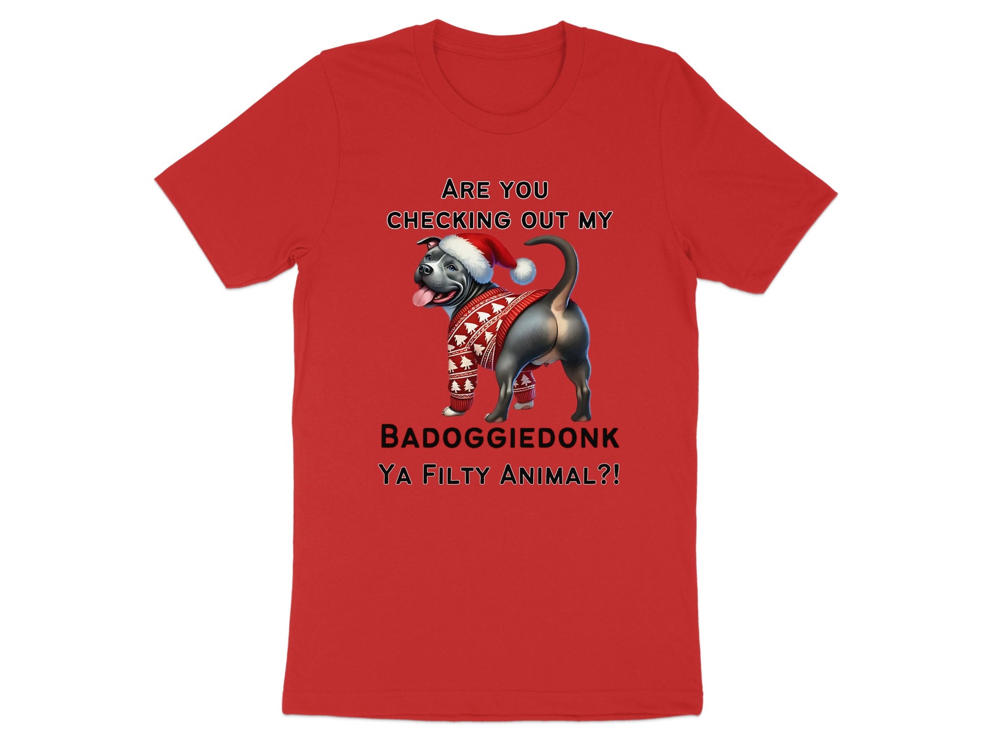 Red t-shirt with a pit bull wearing a Santa hat and festive sweater, with text.