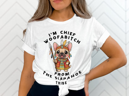 White t-shirt with cartoon French bulldog as chief, holding spear.