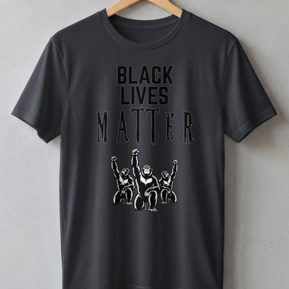Dark gray t-shirt with "BLACK LIVES MATTER" and three gorillas with raised fists.