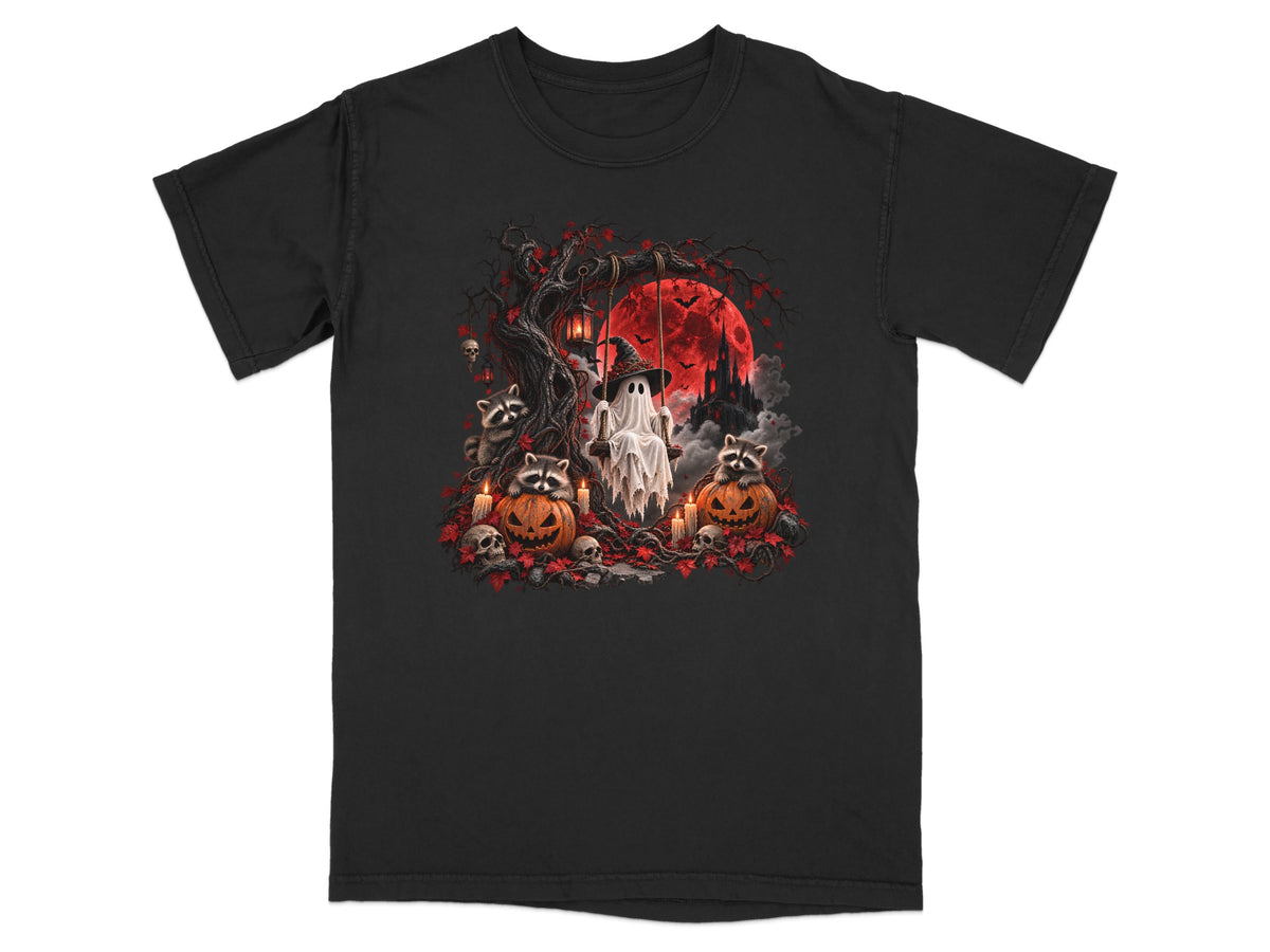 Ghost on a swing with raccoons, pumpkins, and skulls under a blood moon.
