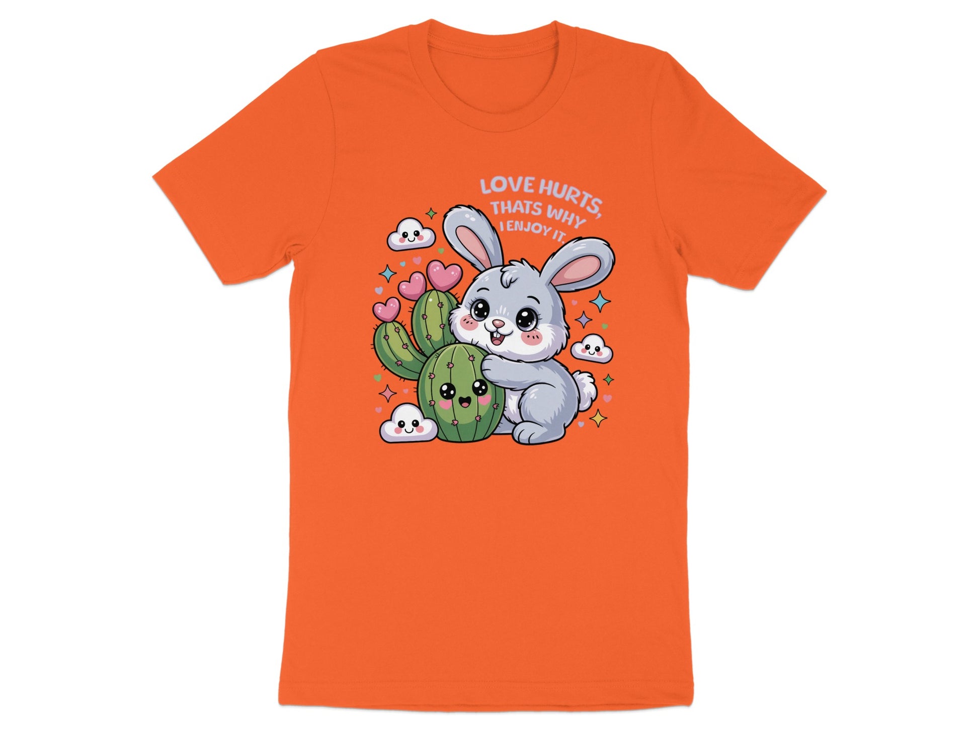 Gray bunny hugs cactus with text "Love Hurts, That's Why I Enjoy It".