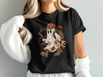 A person wearing a black t-shirt printed with a ghost dressed as a hunter holding a bow.