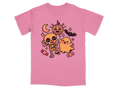 Skeleton and ghost dancing with disco ball, crescent moon, bat, and candy.