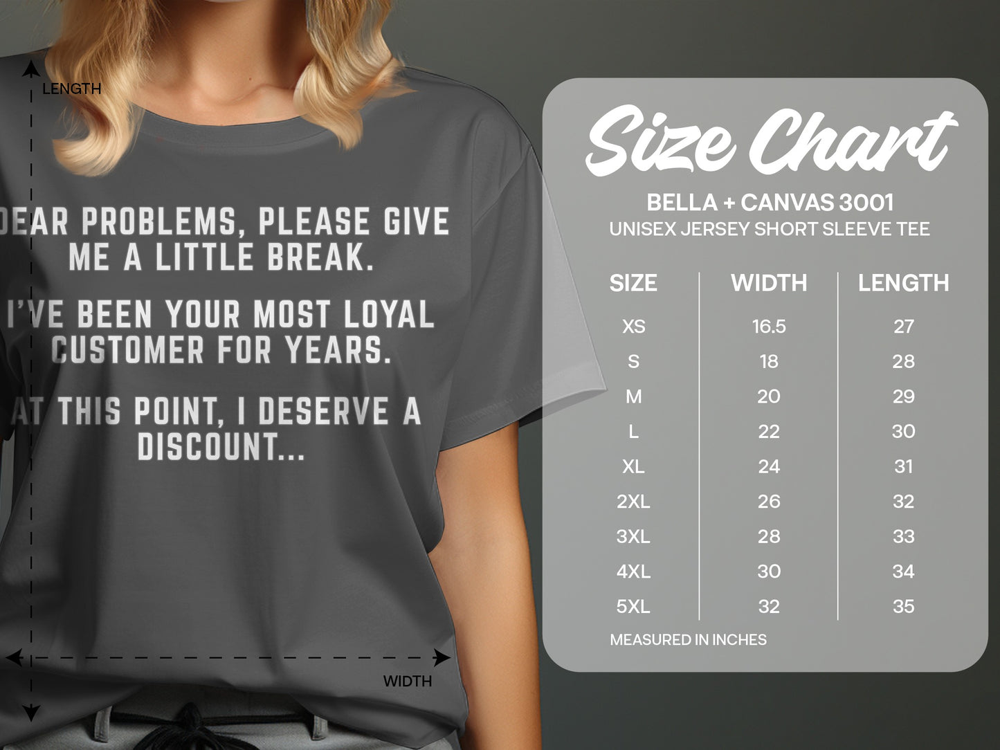 Dark grey t-shirt with humorous text and a size chart.