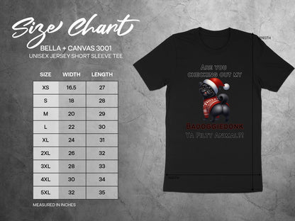 Size chart for Bella+Canvas 3001 unisex tee with pug graphic: "BADOGGIEDONK YA FILTY ANIMAL?!"