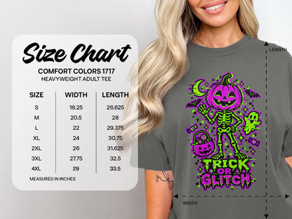 Size chart for Comfort Colors 1717 heavyweight adult tee with Halloween graphic.