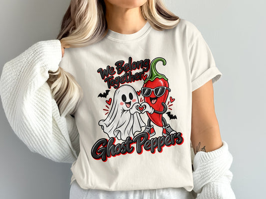 Ghost and pepper characters forming a heart with text "We Belong Together Ghost Peppers".