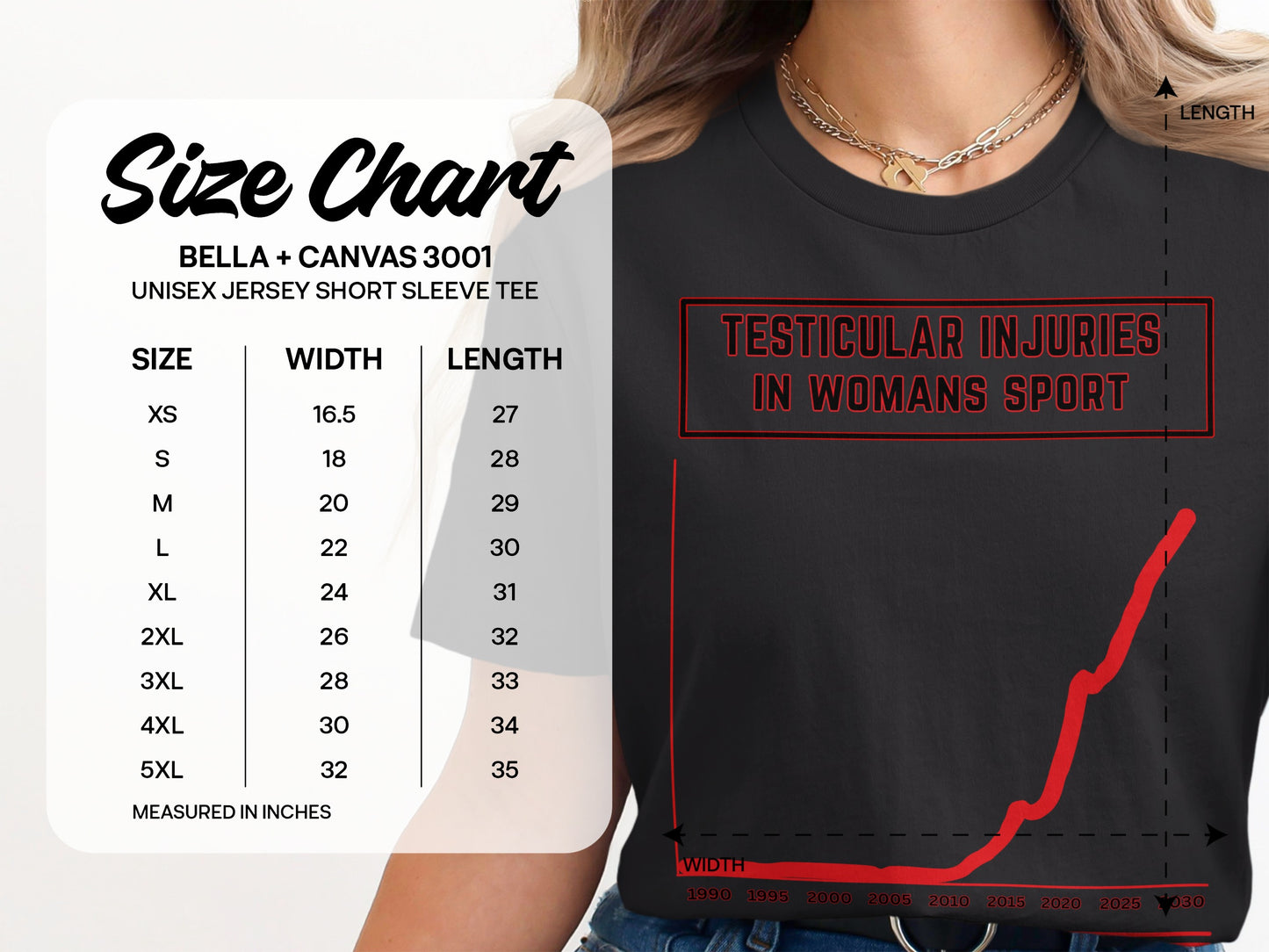 Size chart for Bella+Canvas 3001 unisex jersey tee and graphic about testicular injuries in women's sports.