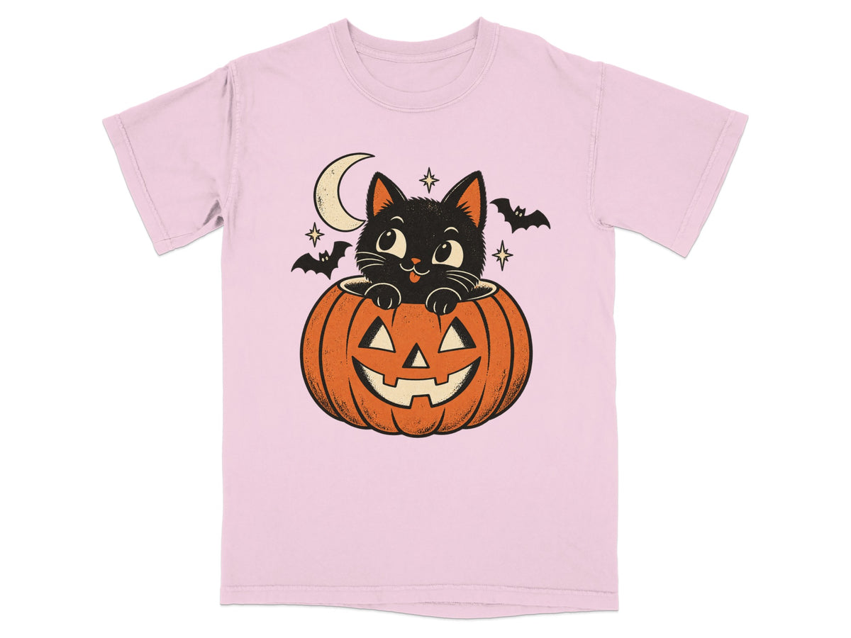 Black cat peeking from carved pumpkin with bats and crescent moon.