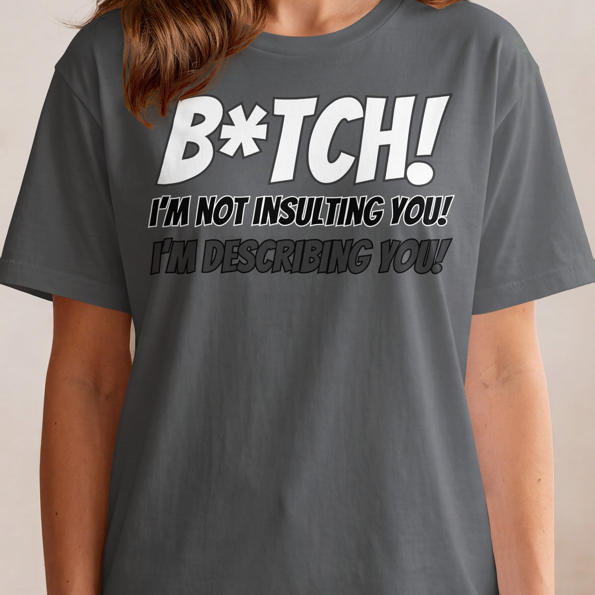 Gray t-shirt with white text "B*TCH! I'M NOT INSULTING YOU! I'M DESCRIBING YOU!"