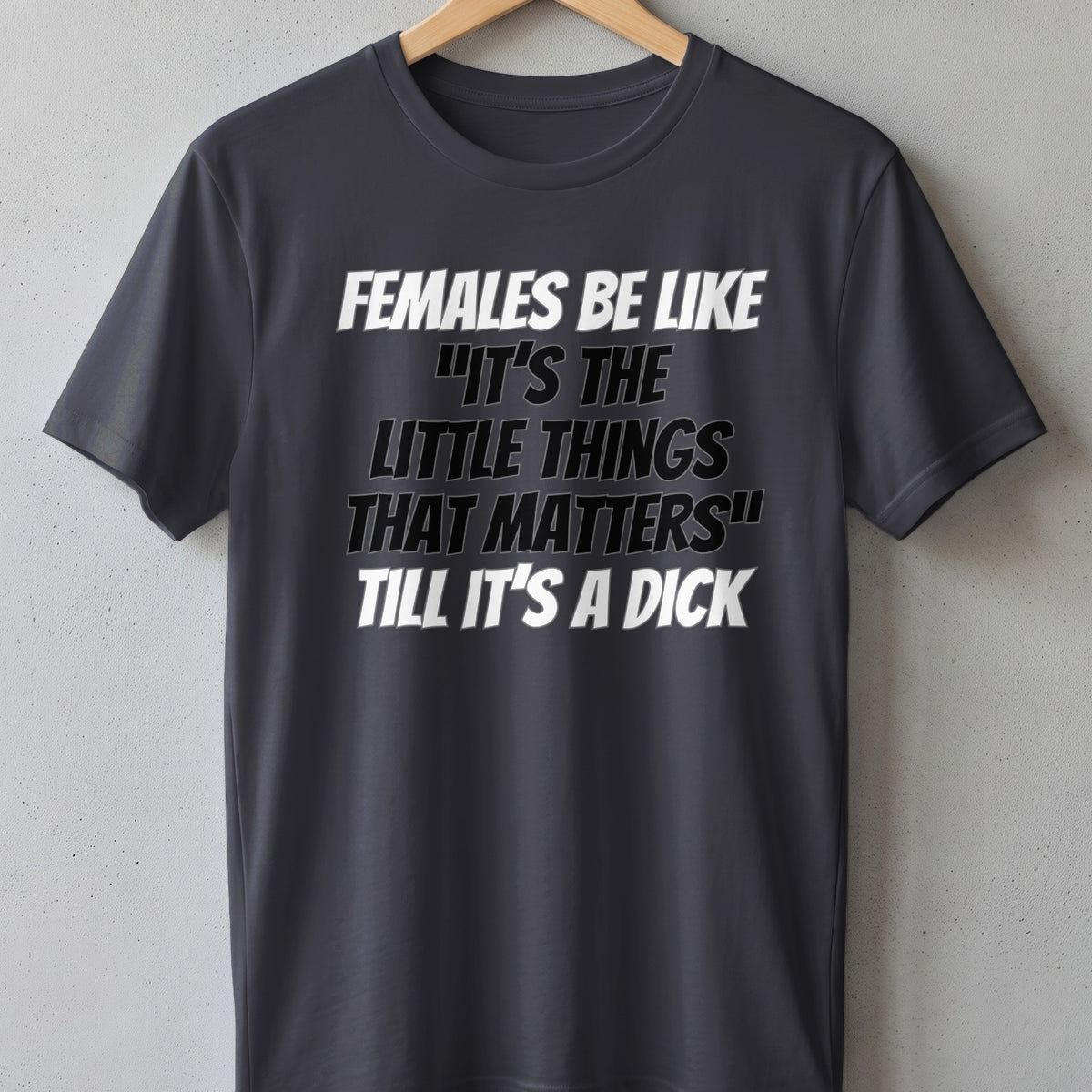 Dark gray t-shirt with "Females be like 'It's the little things that matters' till it's a dick" graphic.
