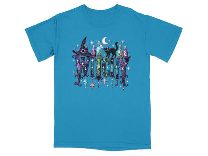 T-shirt with "Witchy" text, black cat, potion bottles, witch hat, and crescent moon.