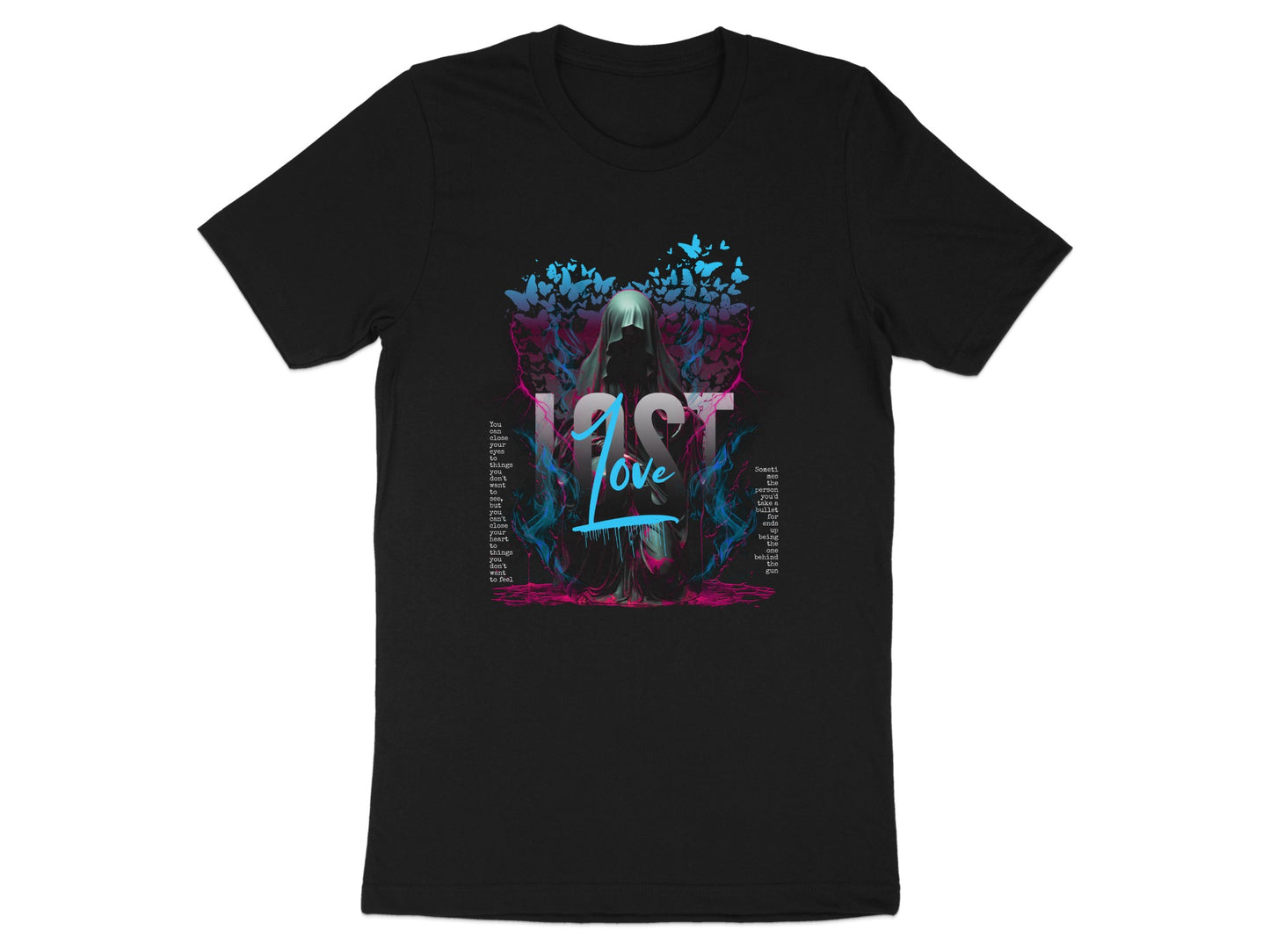 Black t-shirt with "LOST Love" text and a hooded figure surrounded by butterflies.